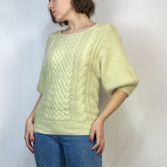 Vintage 1980s ACID Lime Green Fuzzy ANGORA PUFF Half Sleeve Sweater! Medium - Picture 2 of 7